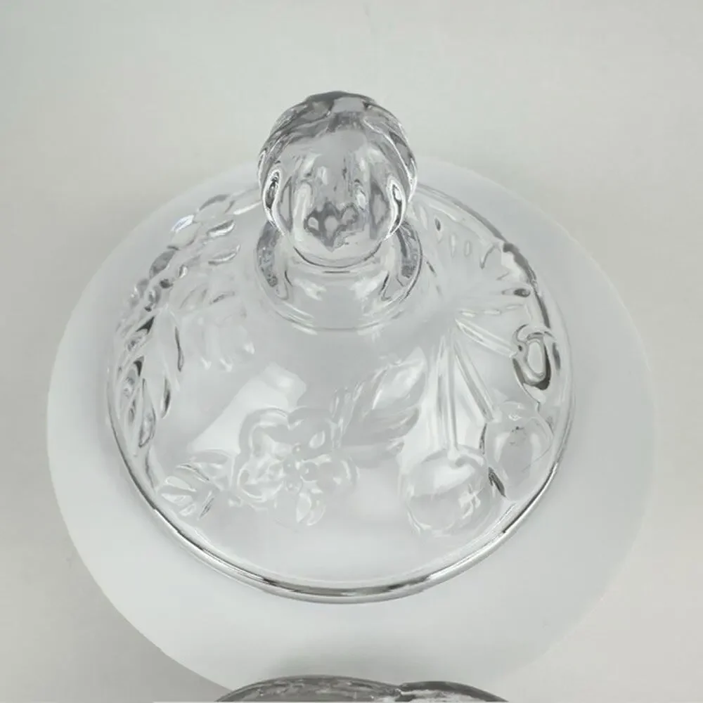Vintage Clear Glass Candy Dish and Lid w/ Grape Vine /Cherries/Flowers Motif